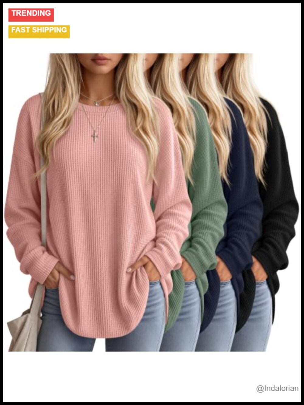 Oversized Waffle Knit Long Sleeve Shirts 4 Pack Women Casual Crewneck Tops